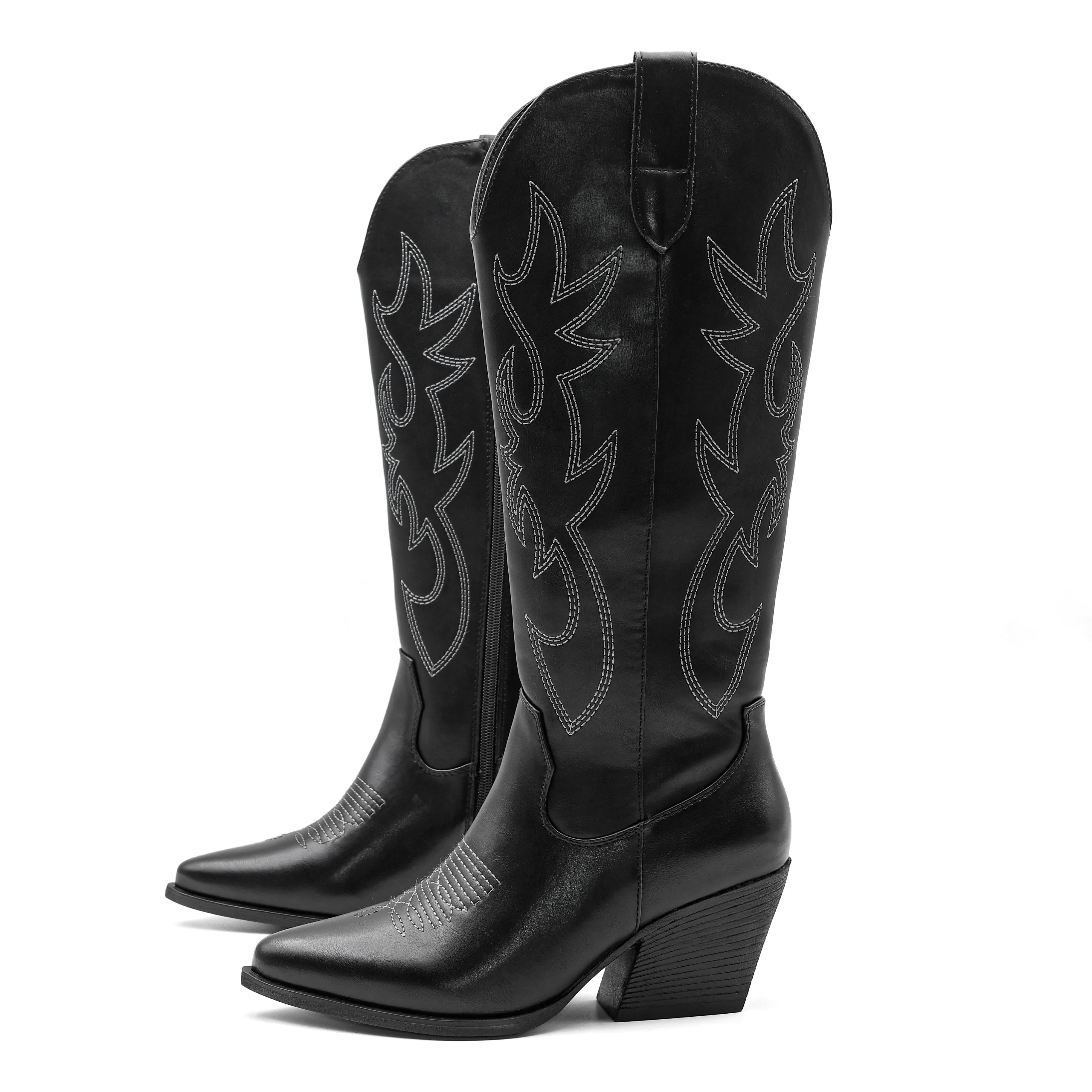 Women's Denim Cowboy Boots – Embroidered Western Mid-Calf Boots with Block Heel for Country Concerts, Festivals & Everyday Wear
