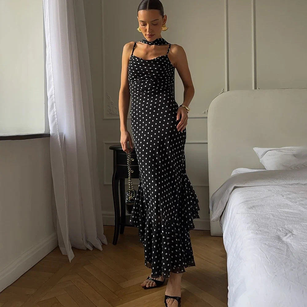 Polka Dot Maxi Dress – Spaghetti Strap Dress with Fitted Bodice, Ruched Waist and Flared Mermaid Skirt for Vacations & Summer Events