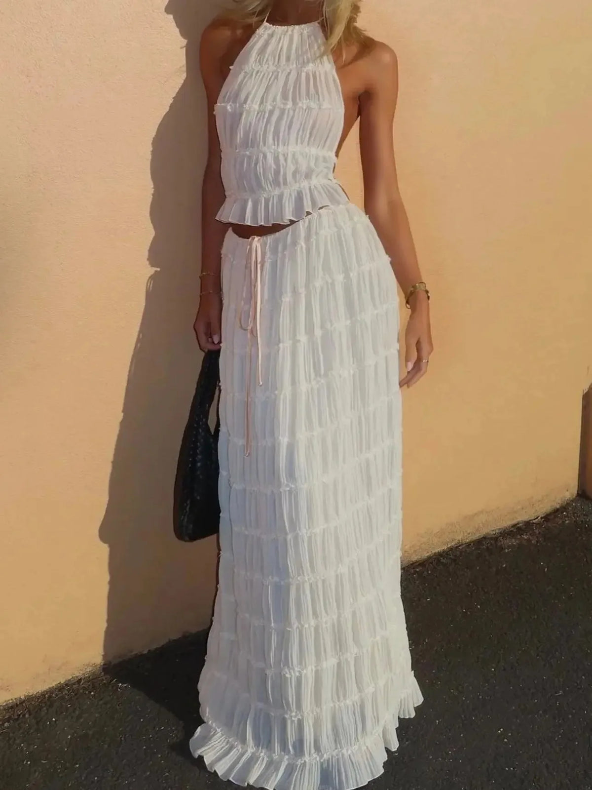 Halter Crochet Crop Top & Maxi Skirt Co-Ord Set | Sleeveless Two Piece Open Knit Outfit | Chic Beach Vacation & Resort Matching Set