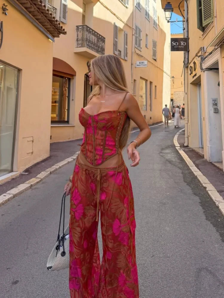 Strapless Corset Crop Top & Flared Maxi Skirt Co-Ord Set | Floral Two Piece Outfit with Lace-Up Detail | Chic Vacation &amp; Party Wear
