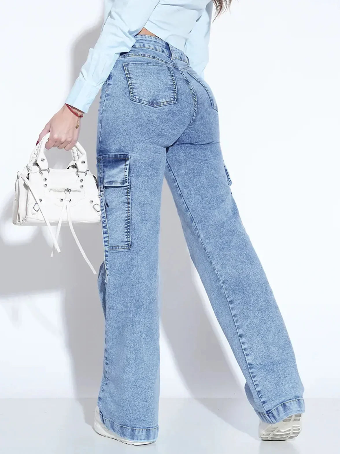 High Waisted Flare Jeans Cargo Wide Leg Denim Pants Bell Bottom Trousers Relaxed Fit Streetwear Casual Full Length