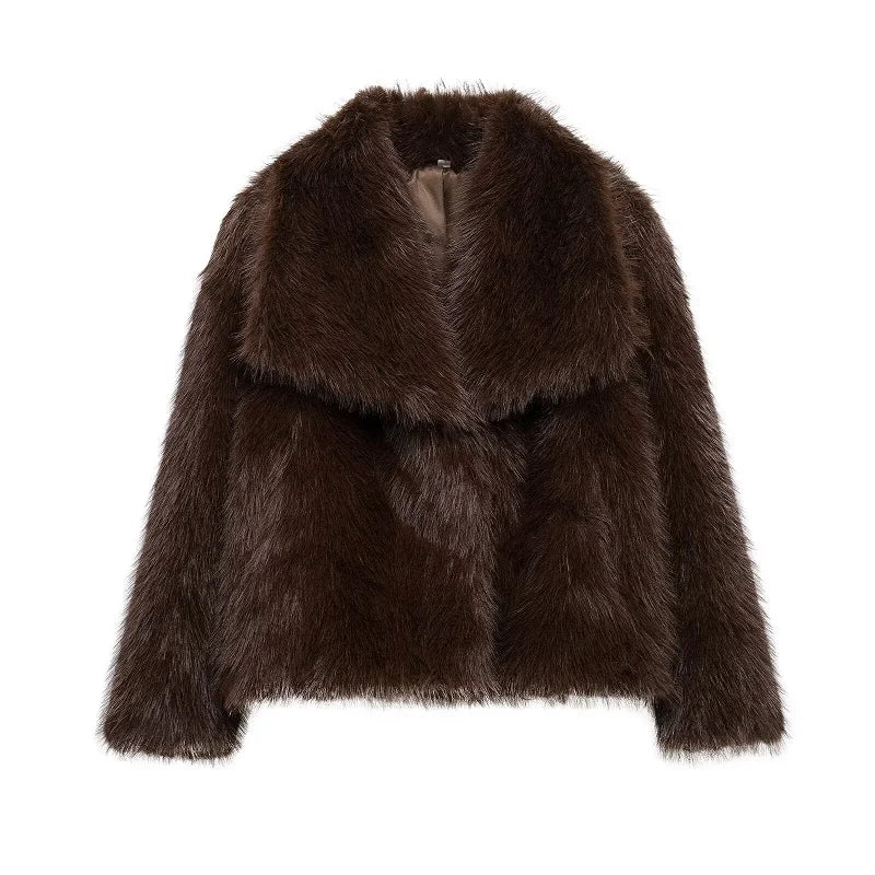 Women's Faux Fur Jacket, Oversized Plush Fur Coat with Wide Collar, Long Sleeve Winter Outerwear