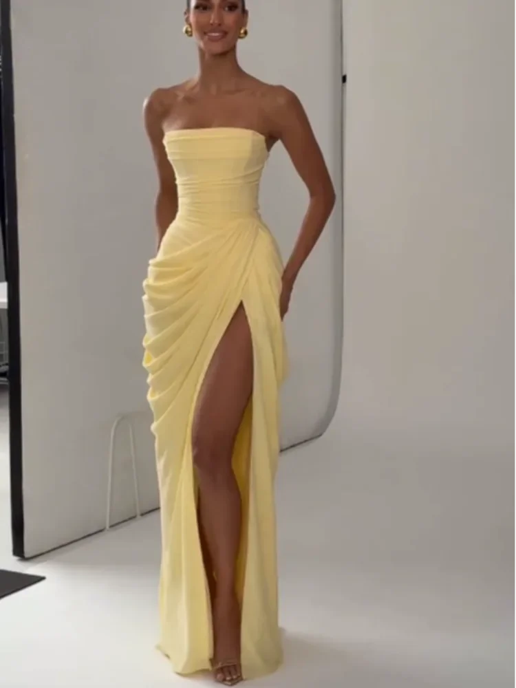 Ruched Maxi Dress – Strapless Bodycon Gown with Draped Waist and Thigh-High Slit for Weddings, Cocktail Parties & Evening Events
