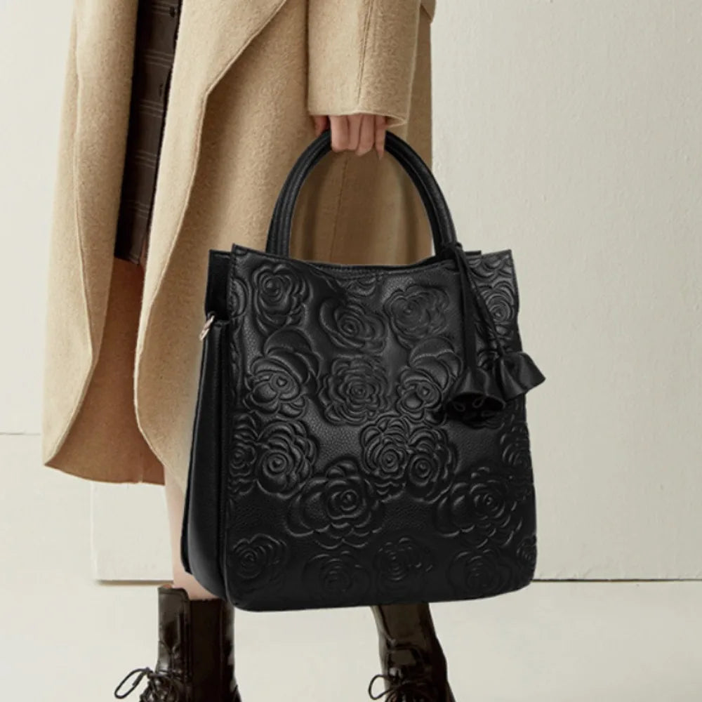 Floral Embossed Tote Bag, Elegant Faux Leather Handbag, Large Shoulder Purse with Top Handles, Textured Work Bag for Everyday Use