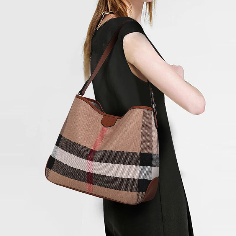 Plaid Shoulder Tote Bag, Spacious Hobo Handbag with Long Shoulder Strap, Classic Everyday Carryall Purse for Work, Shopping & Travel
