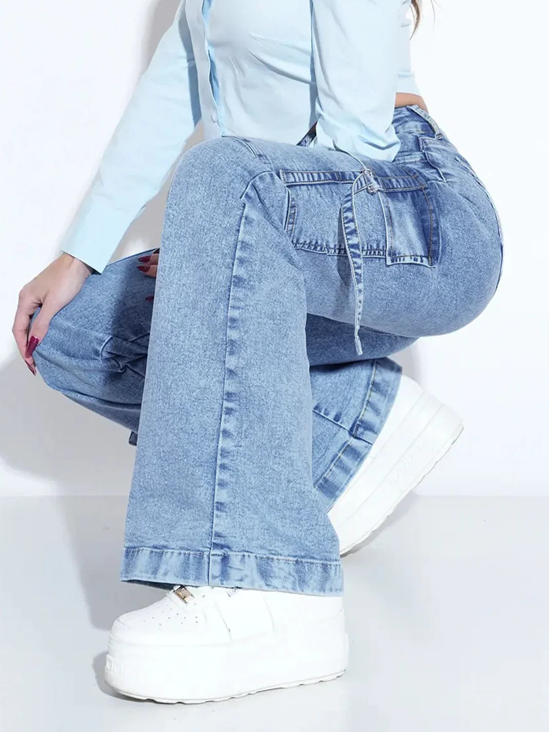 High Waisted Flare Jeans Cargo Wide Leg Denim Pants Bell Bottom Trousers Relaxed Fit Streetwear Casual Full Length