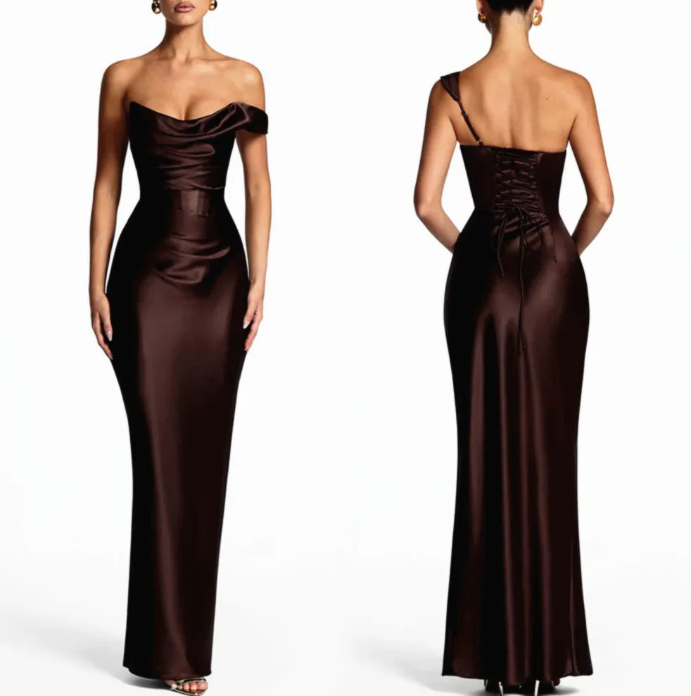 Satin Corset Maxi Dress – Draped Off Shoulder Dress with Spaghetti Straps, Lace-Up Back, Fitted Waist and Floor-Length Skirt