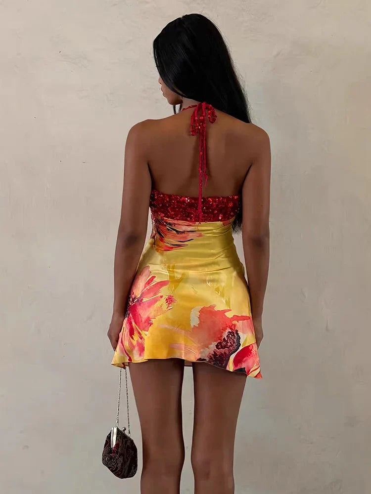 Floral Mini Dress – Spaghetti Strap Sundress with Ruched Bodice, Empire Waist and Flared A-Line Skirt for Summer & Vacation Wear