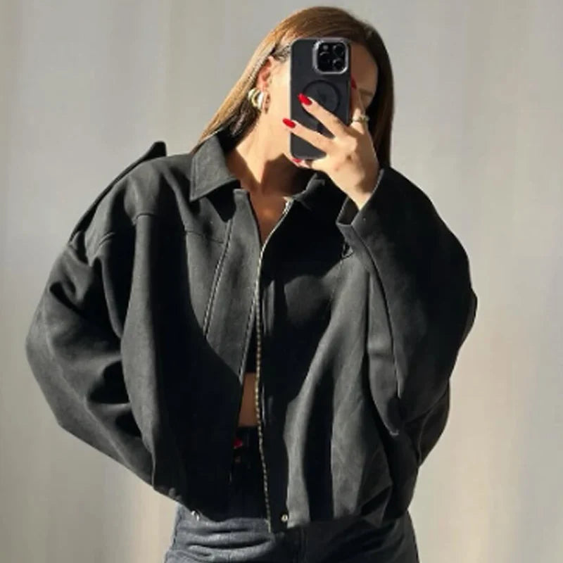 Oversized Faux Suede Jacket, Relaxed Fit Zip-Up Jacket with Stand Collar and Soft Draped Silhouette, Chic Casual Streetwear