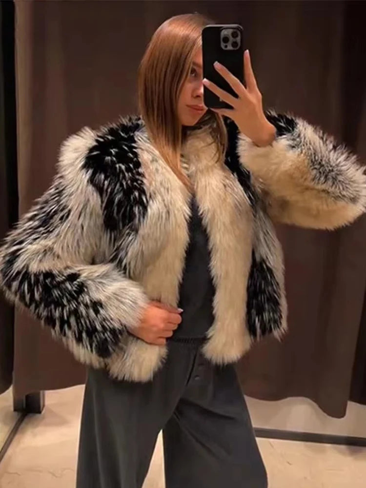 Faux Fur Cropped Jacket, Plush Textured Coat with Oversized Sleeves and Relaxed Fit, Glamorous Winter Statement Outerwear