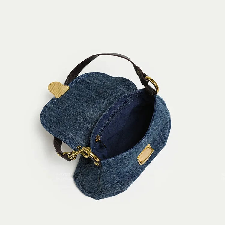 Denim Shoulder Bag, Mini Flap Handbag with Adjustable Strap, Vintage Casual Purse with Gold-Tone Buckle for Shopping, Dates & Everyday Use
