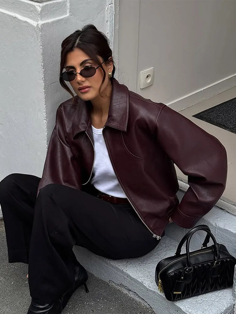 Faux Leather Bomber Jacket, Cropped Zip-Up Jacket with Wide Shirt Collar and Relaxed Fit, Chic Minimalist Casual Outerwear