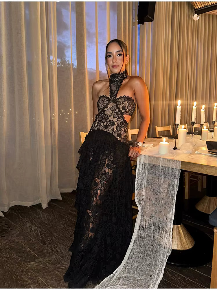 Lace Halter Maxi Dress – Strapless Corset Gown with High Neck Scarf, Floral Lace Overlay, Tiered Skirt and Elegant Floor-Length Design