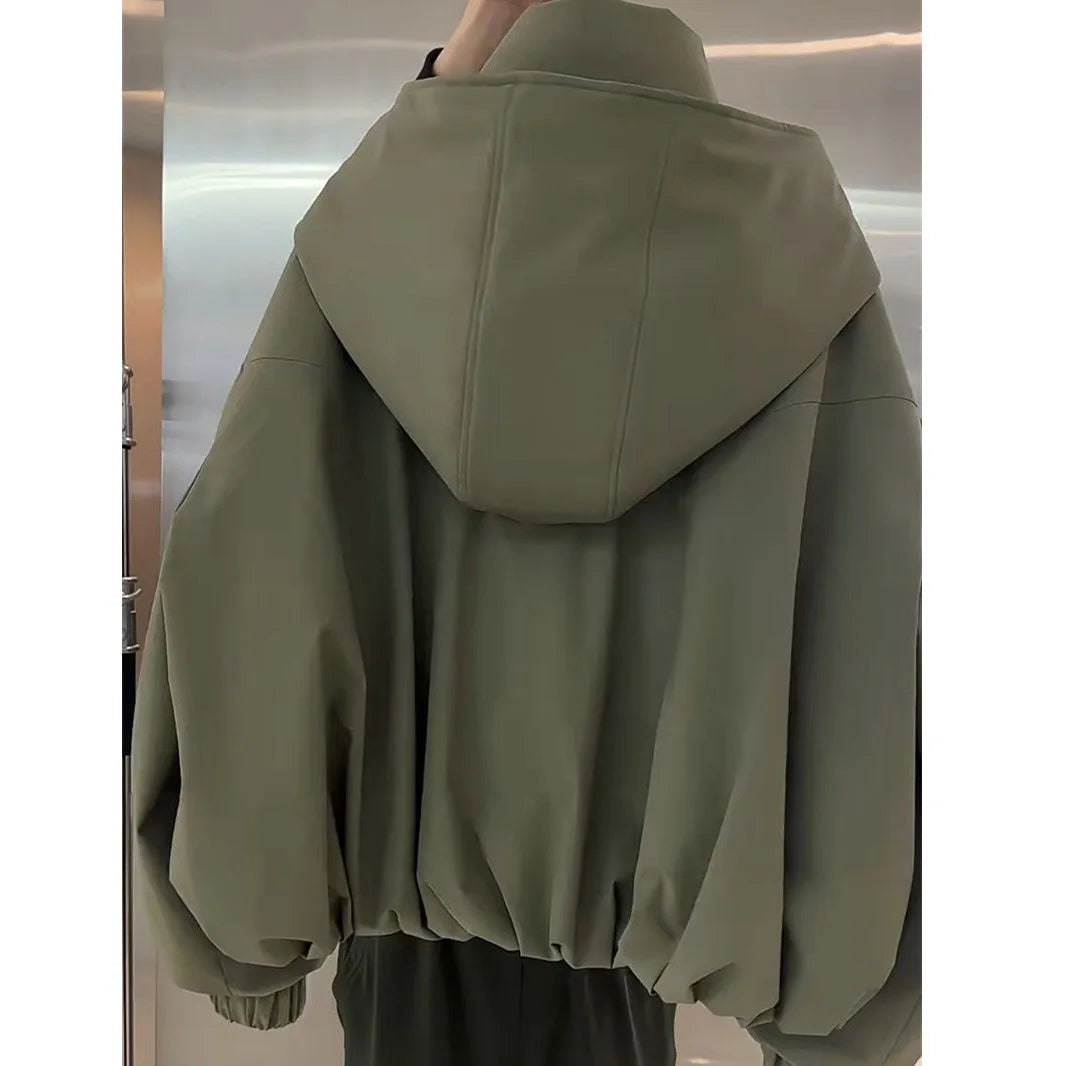 Hooded Utility Jacket, Oversized Drawstring Windbreaker with Multi-Pocket Design and Elastic Cuffs, Casual Outdoor Outerwear