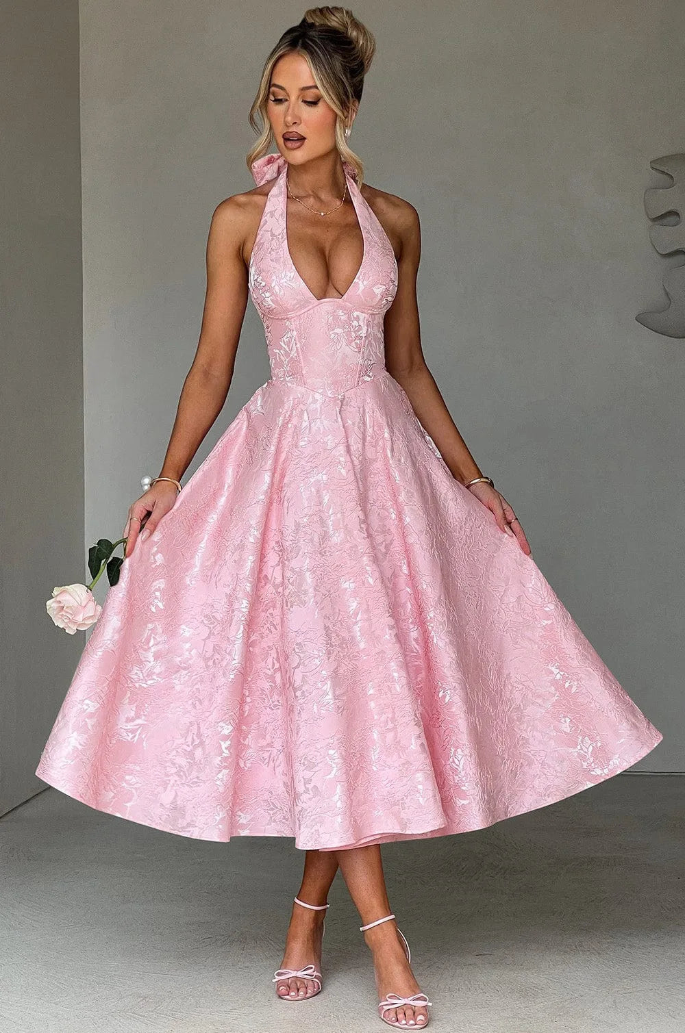 Tulle A-Line Midi Dress – Sleeveless Corset Bodice Dress with Full Flared Skirt and Textured Finish for Weddings, Proms & Parties