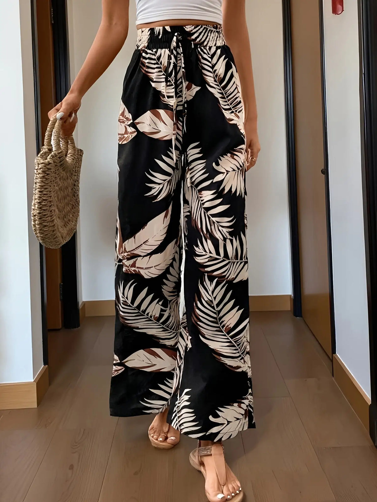 High Waisted Wide Leg Palazzo Pants Tropical Leaf Print Flowy Trousers Relaxed Fit Boho Resort Vacation Beachwear