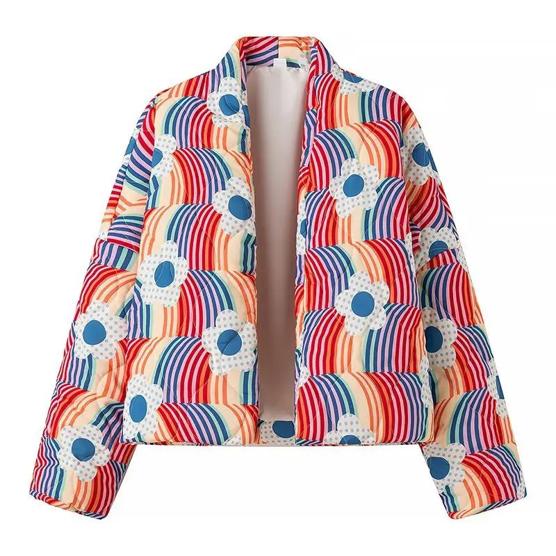 Quilted Puffer Jacket with Abstract Print, Oversized Zip-Up Jacket with High Neck and Front Pockets, Statement Winter Outerwear