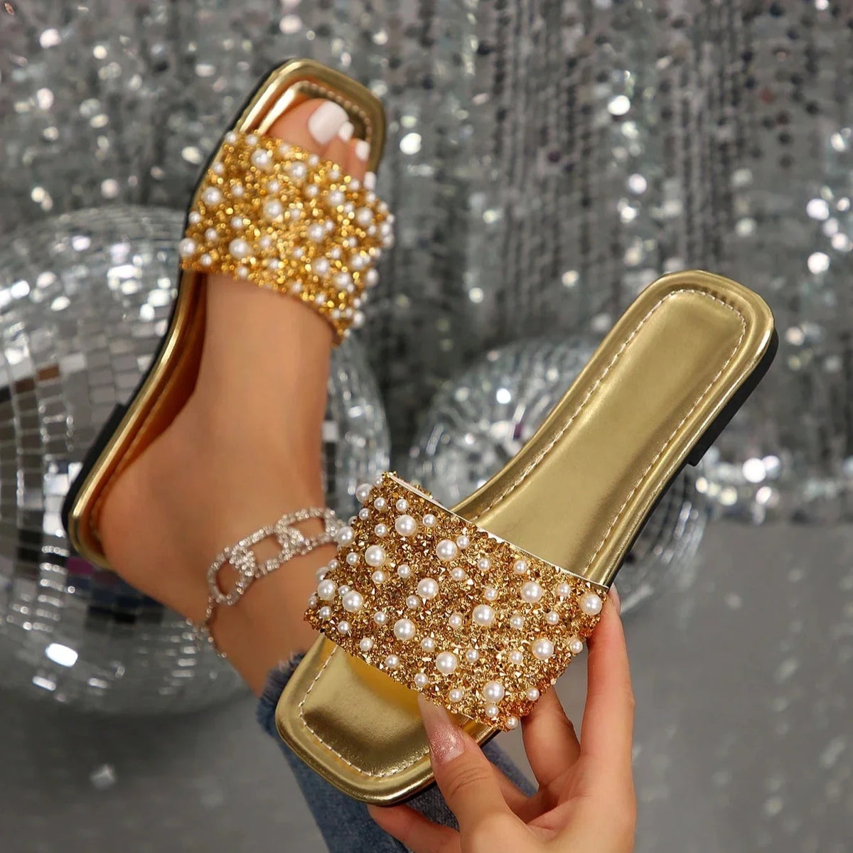 Rhinestone Slide Sandals | Pearl Embellished Flat Mules | Glamorous Open Toe Party Shoes