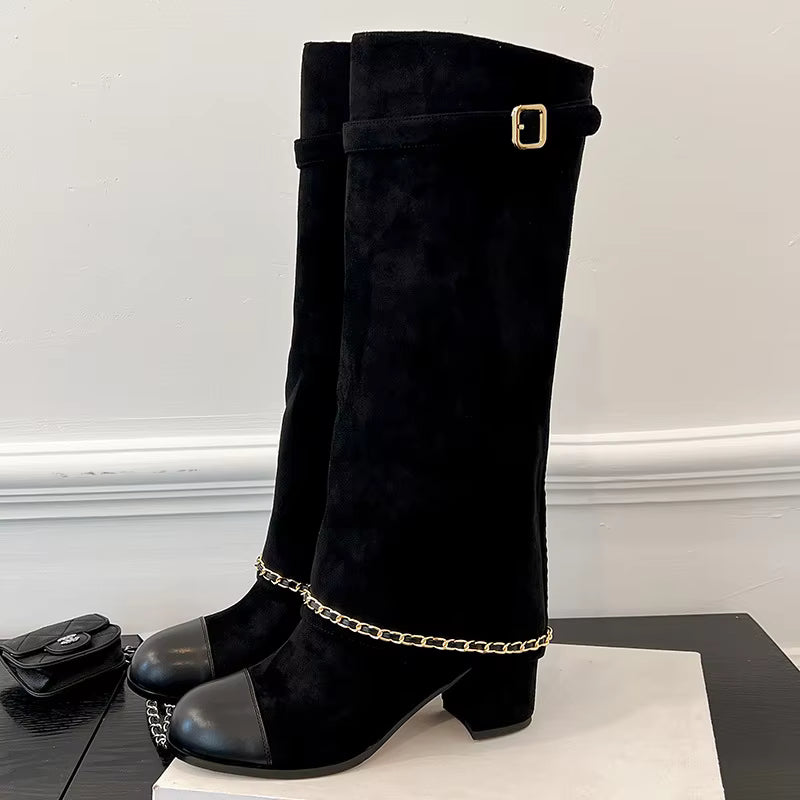 Knee High Suede Boots | Buckle Strap Block Heel Boots | Chain Detail Tall Fashion Booties