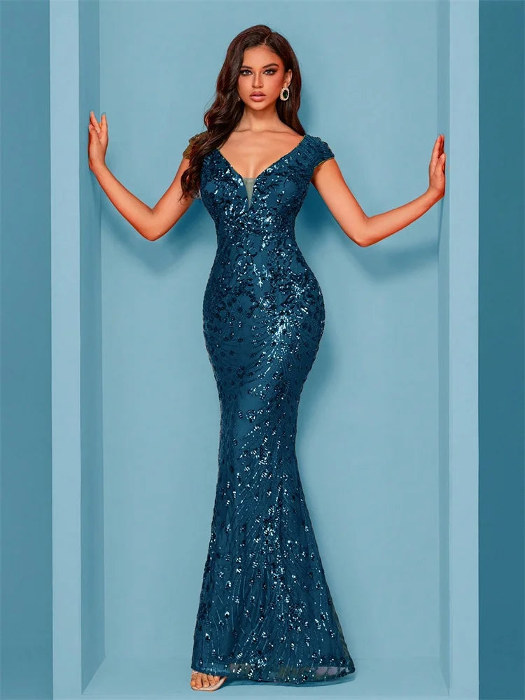 Sequin Mermaid Gown – V-Neck Short Sleeve Maxi Dress with Embellished Bodice, Figure-Hugging Fit and Flared Floor-Length Hem