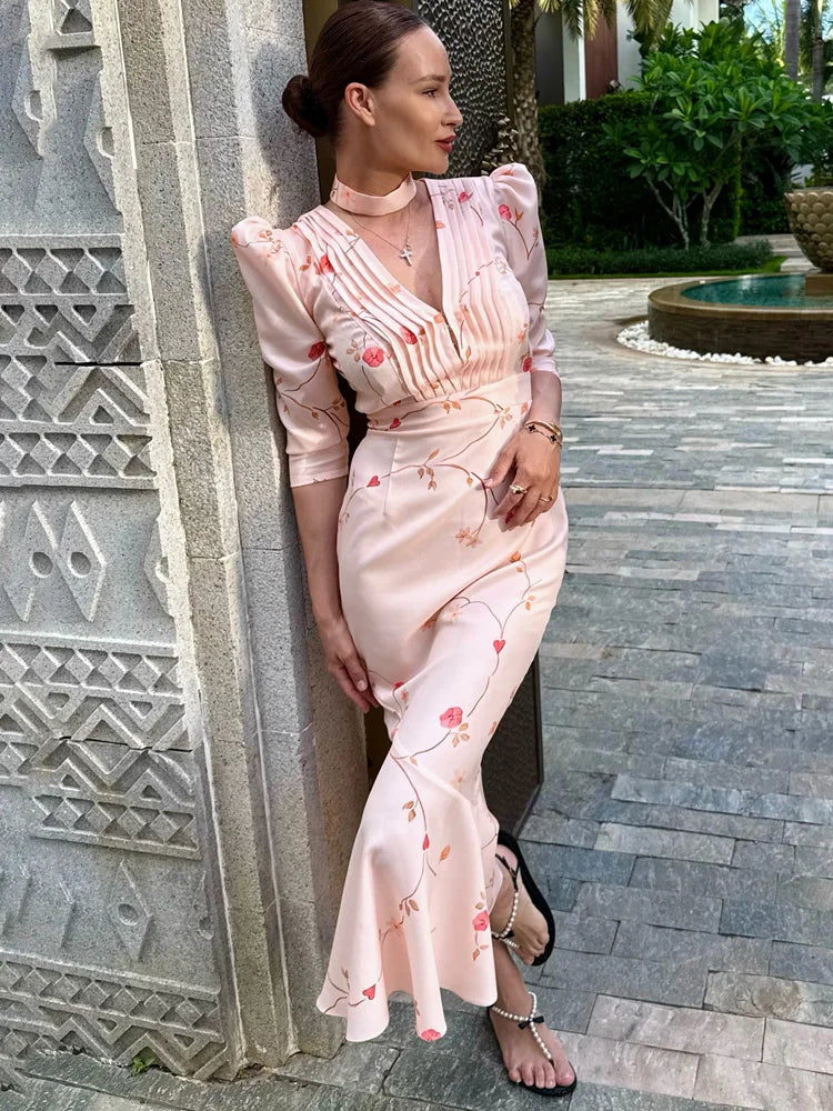 Floral Midi Dress – V-Neck Long Sleeve Wrap Dress with Tie Waist, Pleated Bodice and Front Slit for Weddings, Brunch & Special Events