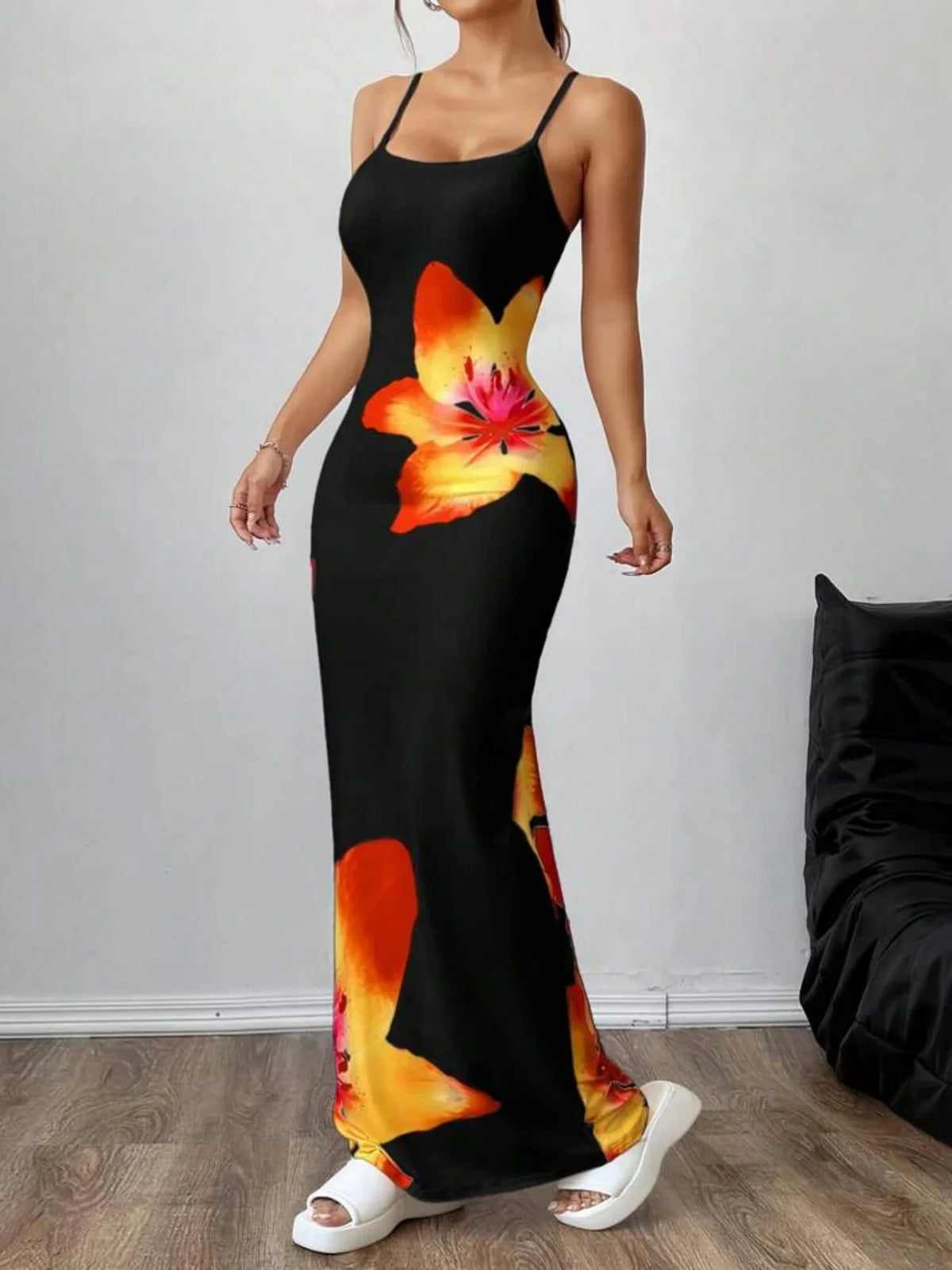 Floral Maxi Dress – Spaghetti Strap Bodycon Dress with Scoop Neck, Side Slit and Statement Floral Print for Vacations, Parties & Date Nights