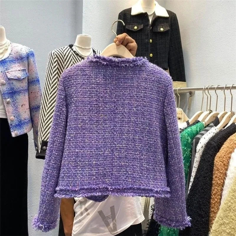 Textured Tweed Jacket, Cropped Collarless Jacket with Gold Button Details and Front Pockets, Elegant Chic Casual Outerwear