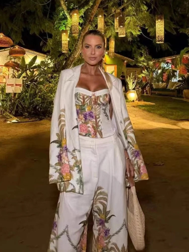 Floral Corset Top &amp; Wide Leg Pants Co-Ord Set with Longline Blazer | Three Piece Printed Outfit | Chic Vacation &amp; Resort Wear