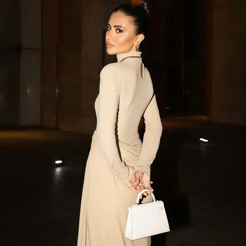 Ruched Maxi Dress – Long Sleeve High Neck Evening Gown with Draped Bodice, Fitted Waist and Flowing Floor-Length Skirt for Formal Events