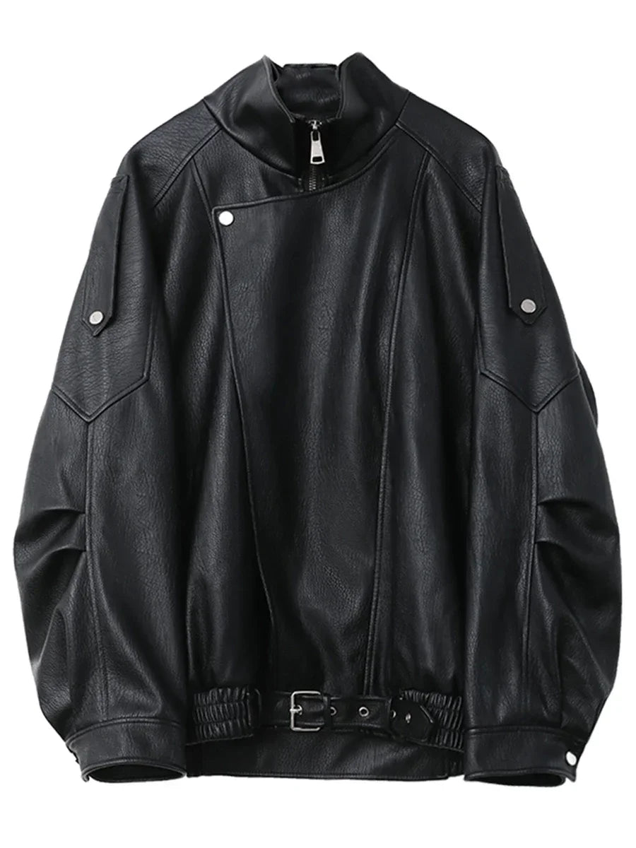 Oversized Faux Leather Biker Jacket, Zip-Up Moto Jacket with Wide Lapels and Elasticated Hem, Edgy Casual Streetwear Outerwear