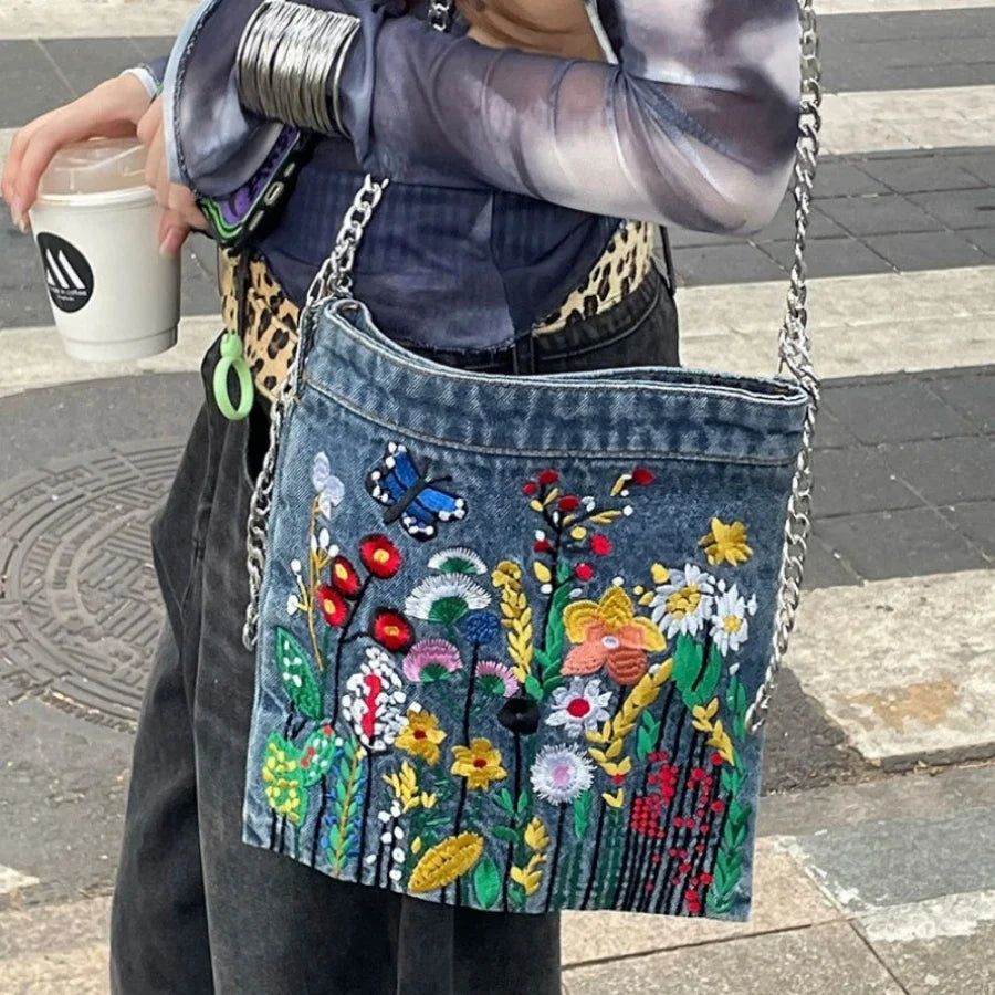 Embroidered Denim Crossbody Bag, Colorful Floral Shoulder Purse with Chain Strap, Artistic Boho Mini Handbag for Travel, Festivals & Everyday Use