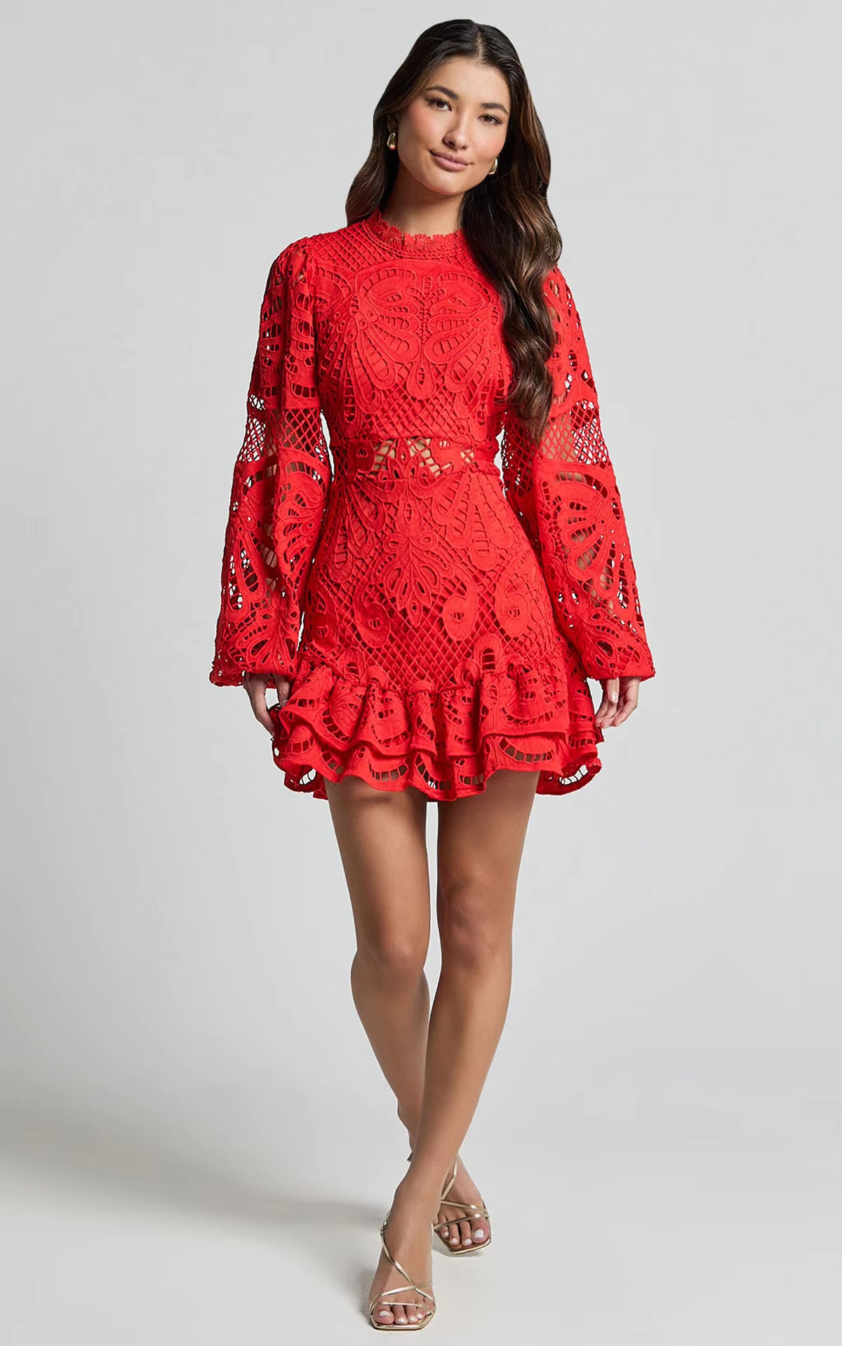 Lace Mini Dress – Long Sleeve Crochet Dress with High Neckline, Intricate Cutout Embroidery, Fitted Waist and Ruffle Hem