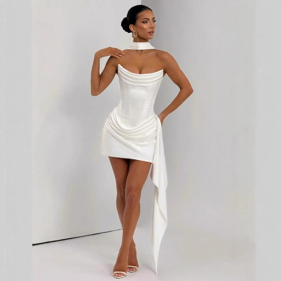 Strapless Satin Mini Dress – Draped Corset Dress with Choker Neck Detail, Ruched Skirt and Asymmetrical Long Train