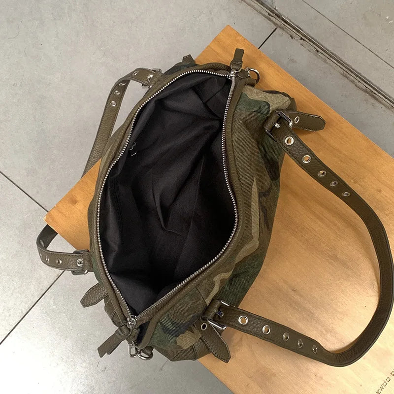 Camouflage Shoulder Bag, Vintage Canvas Handbag with Adjustable Leather Straps, Casual Crossbody Purse with Buckle Details for Travel & Everyday Use