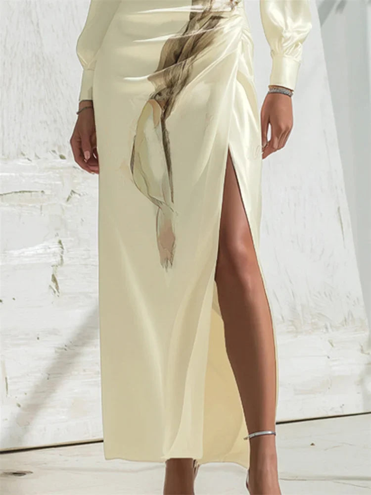 Floral Ruched Midi Dress – Long Sleeve Bodycon Dress with Draped Waist, Side Slit and Elegant Botanical Print for Date Nights & Events