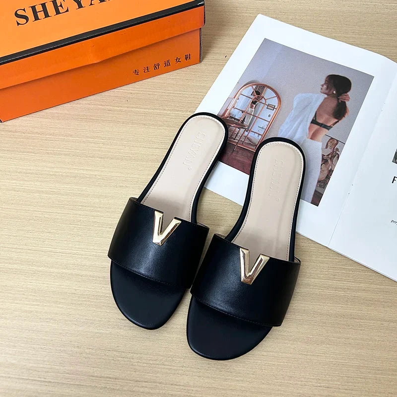 V Buckle Slide Sandals | Minimalist Open Toe Mules | Elegant Flat Summer Casual Shoes