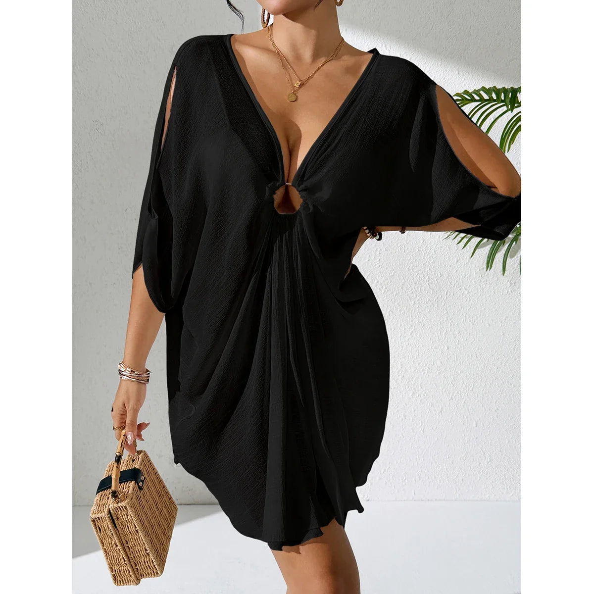 Boho Mini Dress – V-Neck Tunic Dress with 3/4 Bell Sleeves, Front Ring Detail, Relaxed Fit and Flared Hem for Beach Vacations & Resort Wear