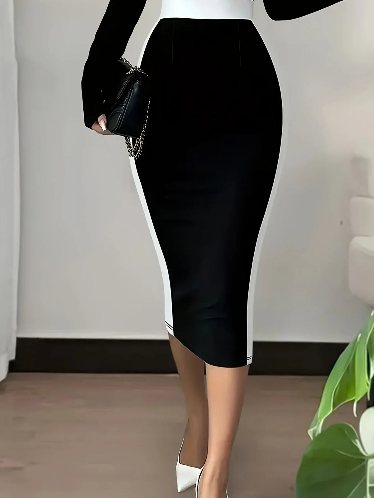 High Waisted Midi Pencil Skirt Contrast Trim Bodycon Skirt Stretch Fitted Knee Length Office Party Casual Workwear