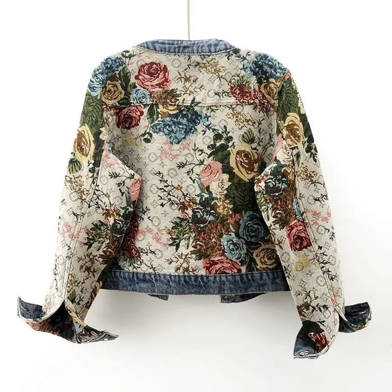 Floral Printed Denim Jacket, Patchwork Button-Up Jacket with Chest Pockets and Turn-Up Cuffs, Vintage-Inspired Casual Outerwear