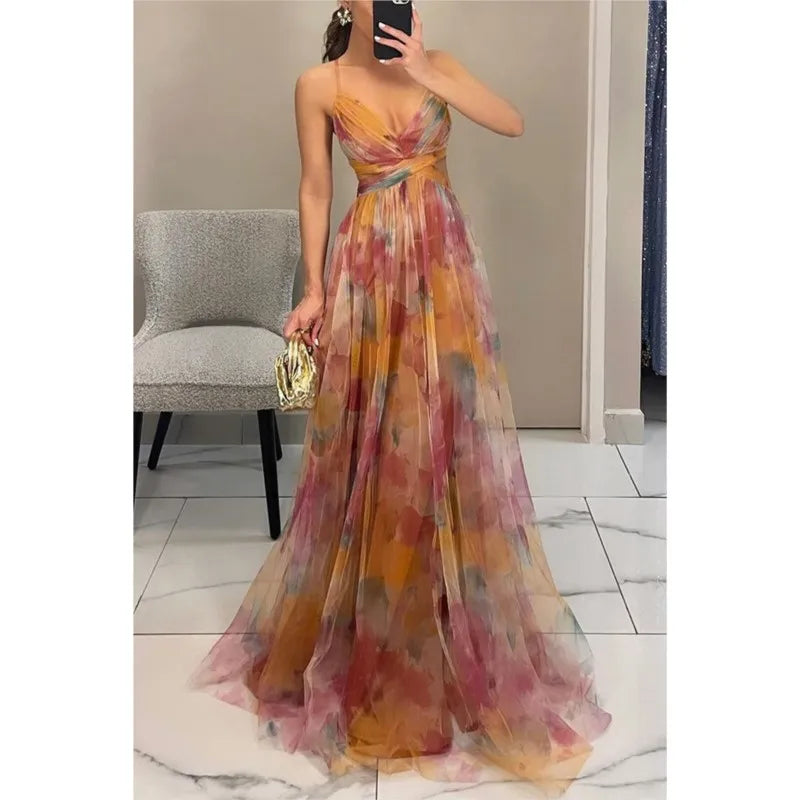Floral Maxi Dress – Spaghetti Strap A-Line Evening Dress with Flowy Floor-Length Skirt for Weddings, Vacations & Special Occasions