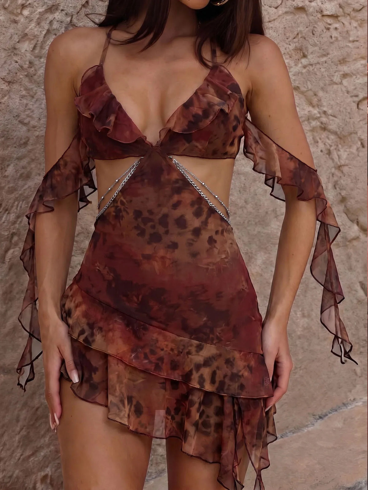 Floral Mesh Mini Dress – Boho Ruffle Dress with Plunging V Neck, Sheer Off Shoulder Sleeves, Chain Details and Asymmetrical Hem
