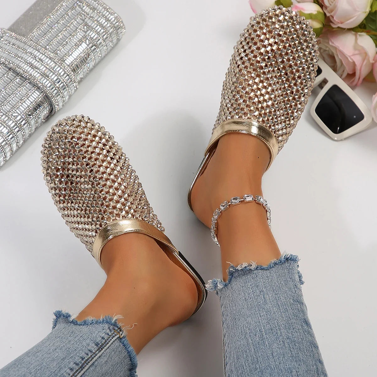 Rhinestone Mule Heels | Crystal Embellished Slip-On Pumps | Pointed Toe Party Shoes
