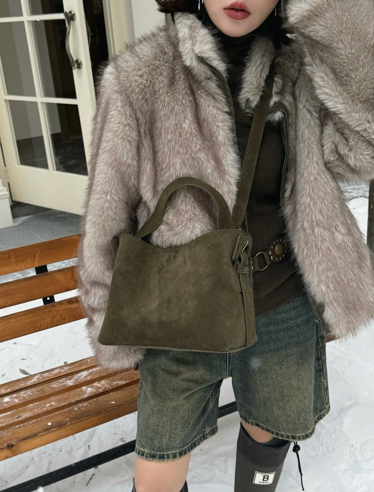 Suede Shoulder Bag, Soft Faux Suede Handbag, Minimalist Hobo Purse with Top Handle & Adjustable Crossbody Strap