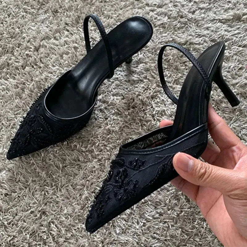 Embroidered Slingback Heels | Pointed Toe Mesh Pumps | Elegant Lace Detail Dress Shoes
