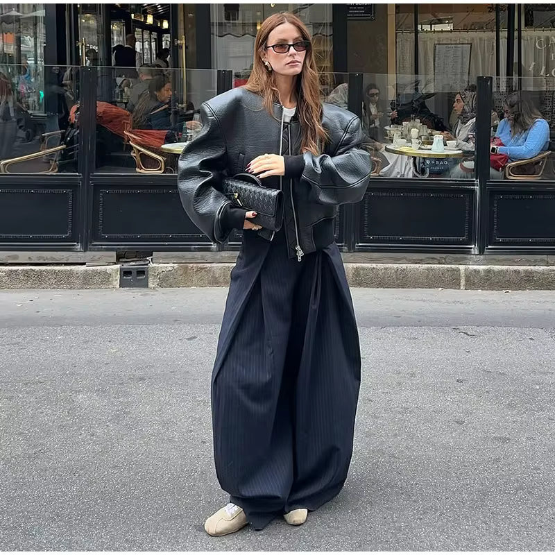 Oversized Leather Bomber Jacket – Women's Zip Up Jacket with Padded Shoulders, Voluminous Sleeves and Relaxed Streetwear Fit