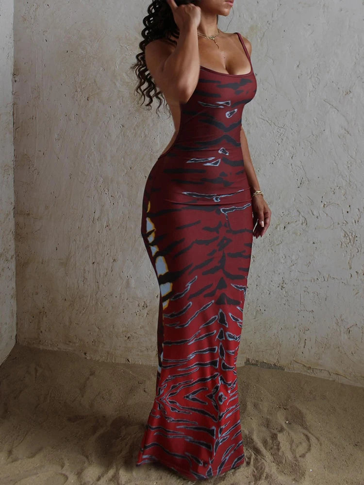 Abstract Print Maxi Dress – Sleeveless Bodycon Dress with Scoop Neck, Figure-Hugging Silhouette, Side Cutout Detail and Mermaid Hem