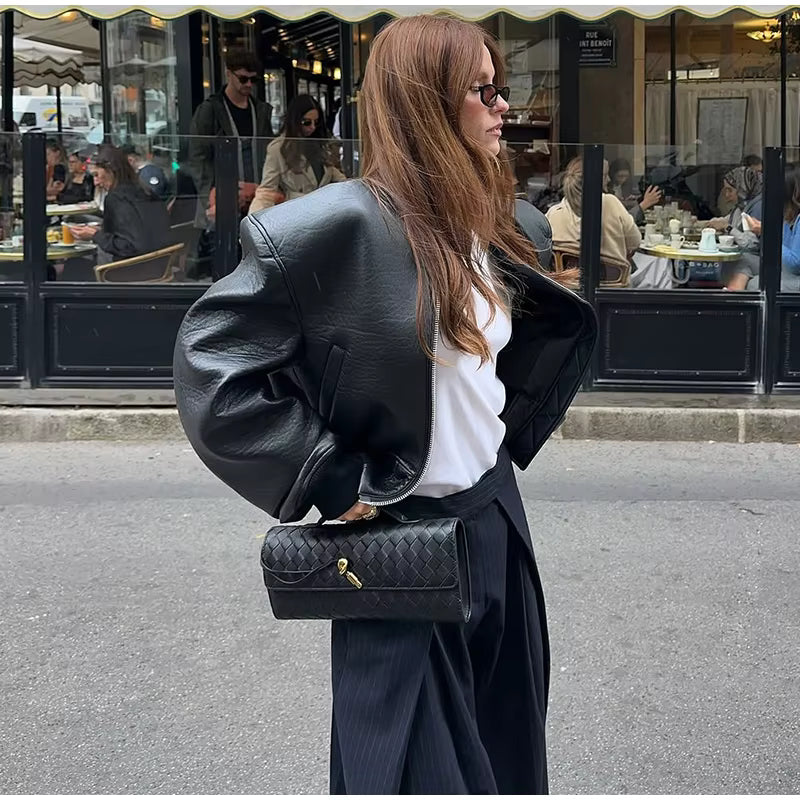 Oversized Leather Bomber Jacket – Women's Zip Up Jacket with Padded Shoulders, Voluminous Sleeves and Relaxed Streetwear Fit