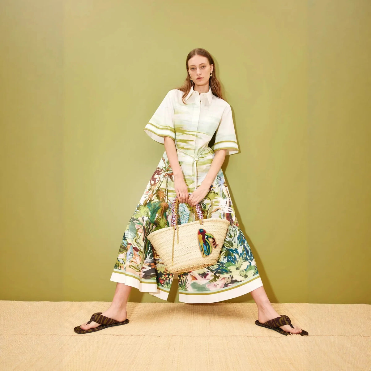 Printed Midi Dress – Collared Short Sleeve Shirt Dress with Button Front, Defined Waist and Flared Skirt for Vacations & Casual Events
