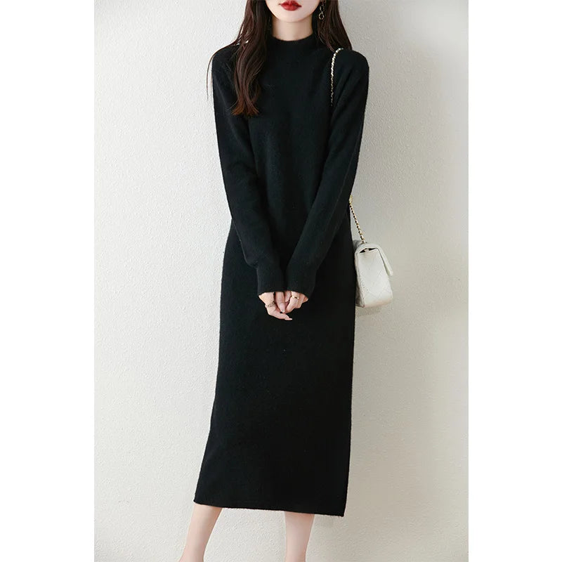 Long Sleeve Midi Dress – High Neck Ribbed Knit Dress with Slim Fit Silhouette, Stretch Fabric and Elegant Minimalist Design for Fall