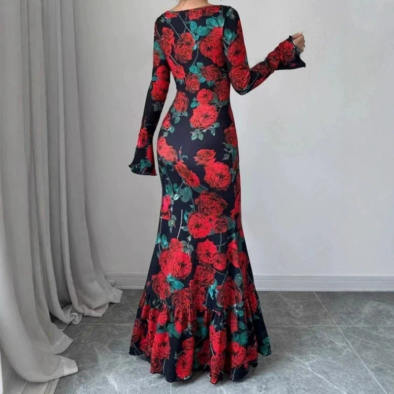 Floral Mermaid Maxi Dress – Long Sleeve Scoop Neck Bodycon Gown with Fitted Silhouette and Flared Hem for Weddings & Evening Events